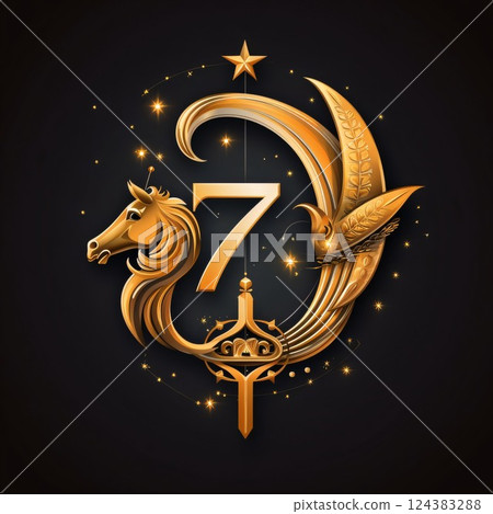 Heraldic number 7 with horse and crown. Vector illustration. Heraldic number 7 with horse and crown. Vector illustration. 124383288