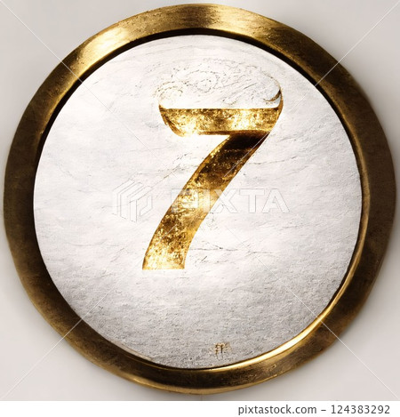 number seven in a gold circle on a white background, 3d render 124383292