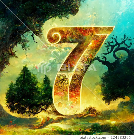 Vintage style illustration of number seven in the forest with trees. Vintage style illustration of number seven in the forest with trees. 124383295