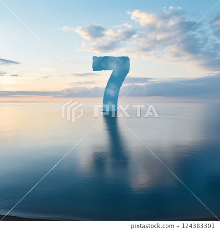 Number 7 made of ice on the sea at sunset. 3D rendering 124383301