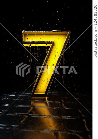 Number 7. Golden font with drops on black background. 3d rendering 124383320