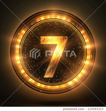 Glowing golden number seven on a dark background. Vector illustration. 124383323