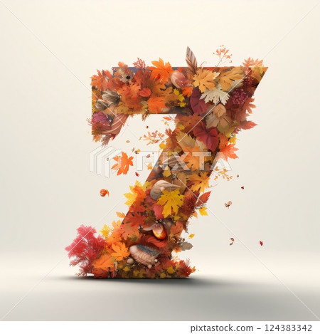 Autumn font, letter 7 made of autumn leaves, 3d render 124383342