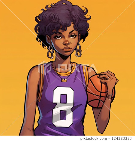 Illustration of a young African American woman basketball player holding ball. Number 8 Illustration of a young African American woman basketball player holding ball. Number 8 124383353