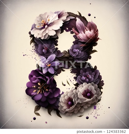 Number 8 made of flowers on vintage background. 3D illustration. 124383362