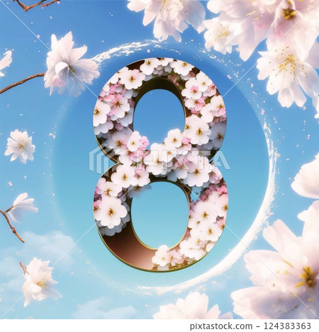 Number eight surrounded by cherry blossoms against a blue sky with clouds Number eight surrounded by cherry blossoms against a blue sky with clouds 124383363