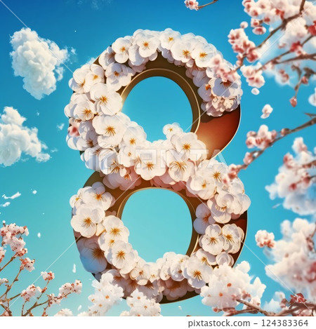 Number 8 made of white flowers on a background of blue sky. Number 8 made of white flowers on a background of blue sky. 124383364