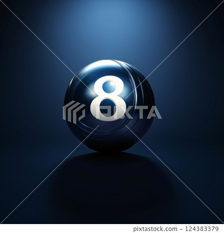 Billiard ball number 8 on blue background. 3D illustration. Billiard ball number 8 on blue background. 3D illustration. 124383379