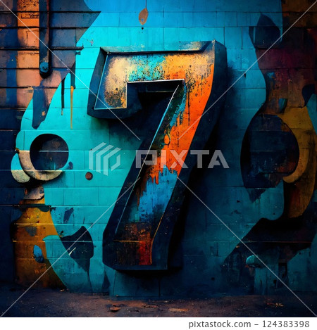 Number 7 painted on a brick wall. Grunge background. Number 7 painted on a brick wall. Grunge background. 124383398