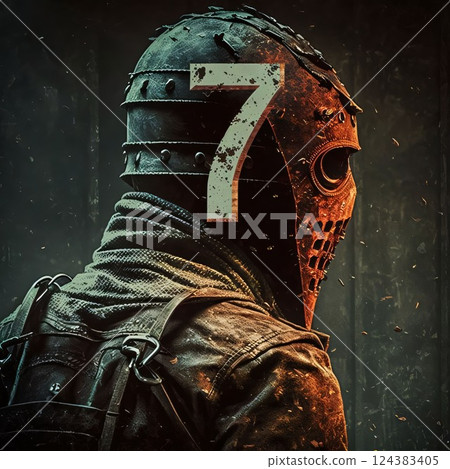 Knight in armor with the number 7 on a dark background. 3d illustration. 124383405