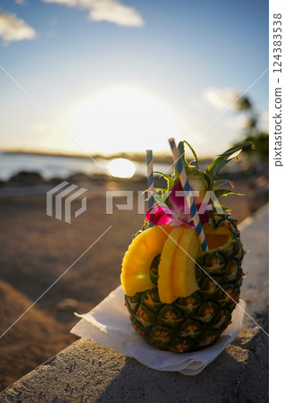 熱帶海灘上的菠蘿 124383538