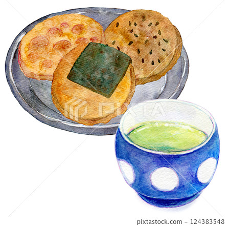 Watercolor illustration: Rice cracker and green tea set 124383548