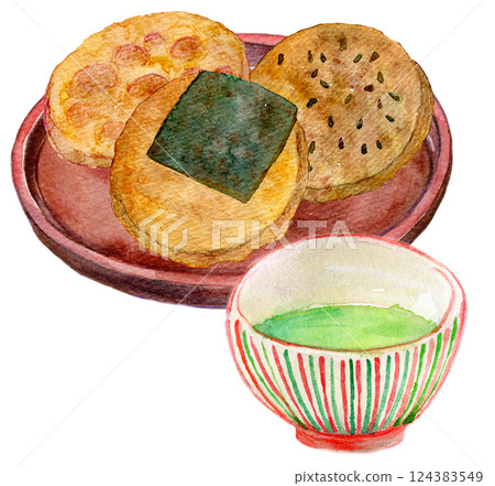 Watercolor illustration: Rice cracker and green tea set 124383549