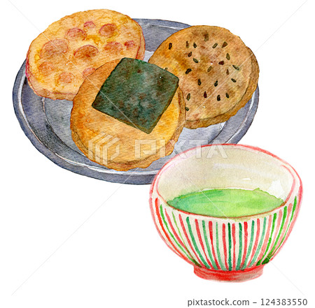 Watercolor illustration: Rice cracker and green tea set 124383550