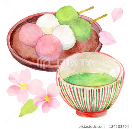Watercolor illustration: Cherry blossom viewing party for lovers of sweets Watercolor illustration: Cherry blossom viewing party for lovers of sweets 124383704