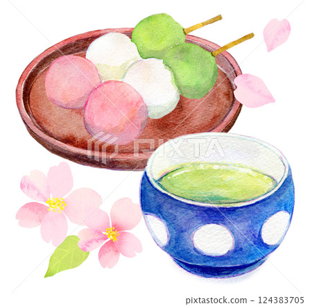 Watercolor illustration: Cherry blossom viewing party for lovers of sweets 124383705