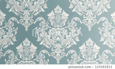 White damask pattern on blue background White damask pattern on blue background 124383813