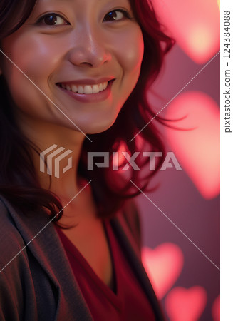 Smiling asian young woman in front of heart-shaped lights with warm glow. AI generation Smiling asian young woman in front of heart-shaped lights with warm glow. AI generation 124384088