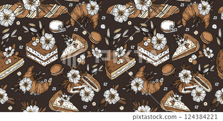 Baked good cake pie bread macaron seamless pattern vector 124384221