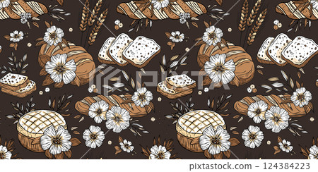 Bakery Bread Pattern Sketch Vintage Flower Loaf Background Doodle Patisserie Vector Bakery Bread Pattern Sketch Vintage Flower Loaf Background Doodle Patisserie Vector 124384223