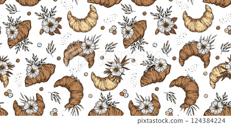 Bakery Pattern Sketch Seamless French Croissant Vintage Flower Background Doodle Patisserie Vector Bakery Pattern Sketch Seamless French Croissant Vintage Flower Background Doodle Patisserie Vector 124384224