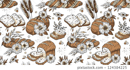 Bakery Bread Pattern Sketch Vintage Flower Loaf Background Doodle Patisserie Vector 124384225