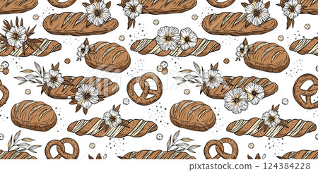 Bakery Bread Pattern Sketch Vintage Flower Loaf Pretzel Background Doodle Patisserie Vector 124384228