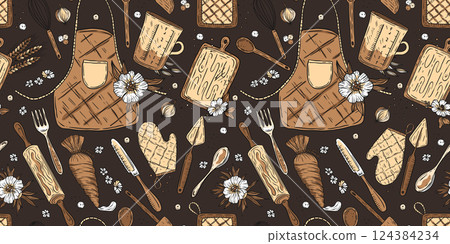 Bakery Shop Kitchen Pattern Sketch Vintage Background Cooking Equipment Apron, Spatula, Glove, Fork and Rolling Pin Doodle Vector Wallpaper 124384234