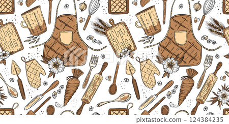 Bakery Kitchen Pattern Sketch Vintage Background Cooking Equipment Apron, Spatula, Glove, Fork and Rolling Pin Doodle Vector Bakery Kitchen Pattern Sketch Vintage Background Cooking Equipment Apron, Spatula, Glove, Fork and Rolling Pin Doodle Vector 124384235