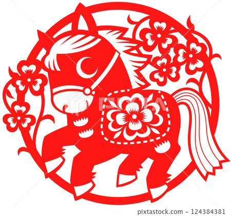 剪紙馬紅色 124384381