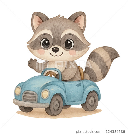 Cute lion driving a green toy car, watercolor cartoon illustration for childrens room decor, greeting cards, posters, nursery prints and playful animal artwork Cute lion driving a green toy car, watercolor cartoon illustration for childrens room decor, greeting cards, posters, nursery prints and playful animal artwork 124384386
