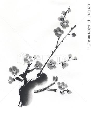 Ink-painted plum blossoms, red plum blossoms in full bloom 124384584