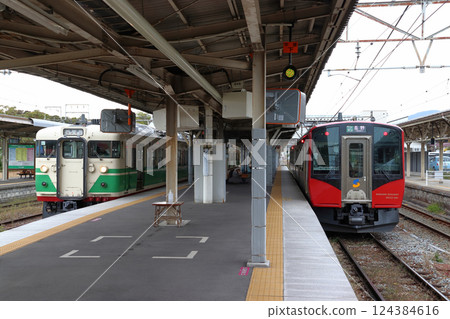 Shinano Railway 115 series train and SR1 series train parked at Komoro Station Shinano Railway 115 series train and SR1 series train parked at Komoro Station 124384616
