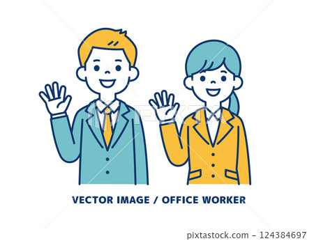 男女辦公室職員微笑揮手的簡單向量插圖_可編輯線條 男女辦公室職員微笑揮手的簡單向量插圖_可編輯線條 124384697