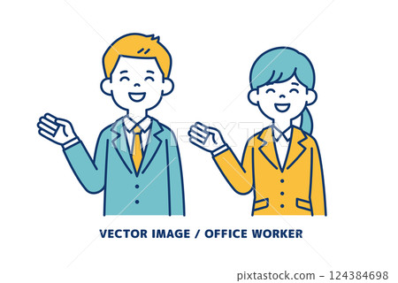 男女辦公室職員用手解釋的簡單向量插圖_Line 可編輯 124384698