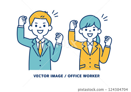 Simple vector illustration of male and female office workers making a fist pump with both hands_Line editable 124384704