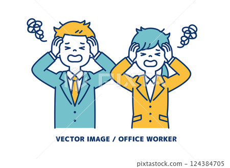 Simple vector illustration of male and female office workers holding their heads and panicking_Line editable 124384705