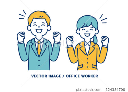 A simple vector illustration of a male and female office worker smiling and raising their fist in the air - line editable A simple vector illustration of a male and female office worker smiling and raising their fist in the air - line editable 124384708