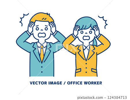 簡單的向量插圖，描繪男性和女性辦公室職員抱頭驚慌失措 124384713