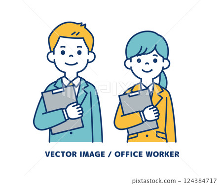 男性和女性辦公室職員持有證件的簡單向量插圖_Line 可編輯 124384717