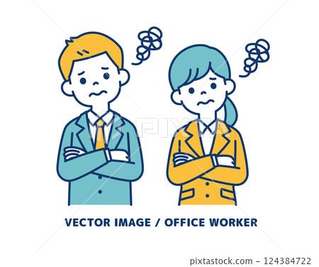 Simple vector illustration of male and female office workers with their arms crossed and in trouble_Line editable Simple vector illustration of male and female office workers with their arms crossed and in trouble_Line editable 124384722