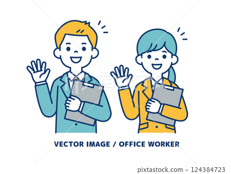 Simple vector illustration of male and female office workers greeting with a file in hand_Line editable Simple vector illustration of male and female office workers greeting with a file in hand_Line editable 124384723
