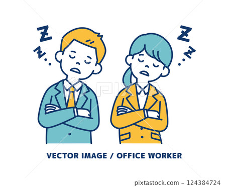 Simple vector illustration of male and female office workers taking a nap with their arms folded_Line editable 124384724