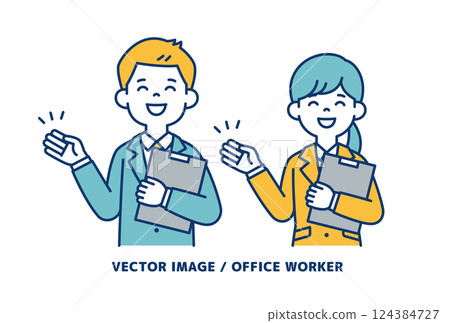 Simple vector illustration of male and female office workers guiding with documents in one hand_Line editable 124384727