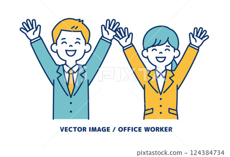 Simple vector illustration of male and female office workers raising their arms in a smile_Line editable 124384734