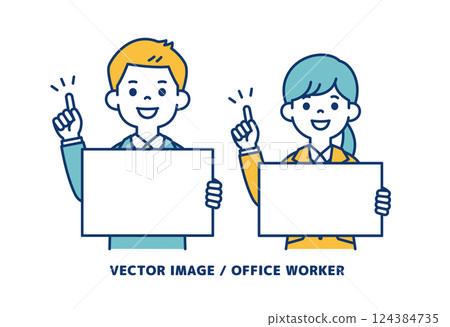 Simple vector illustration of male and female office workers holding a board and explaining the points_Line editable 124384735