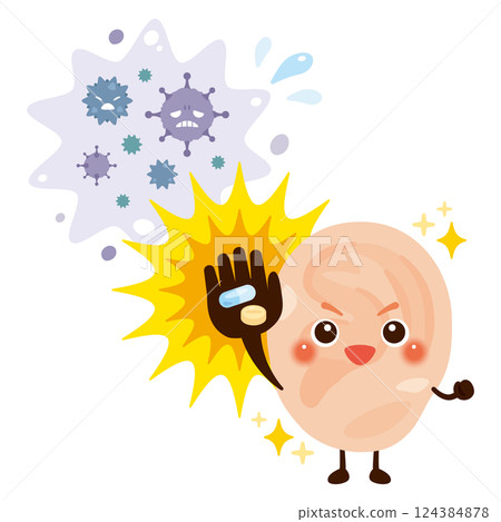 Character illustration of an ear that gets better after treating a virus with medicine 124384878