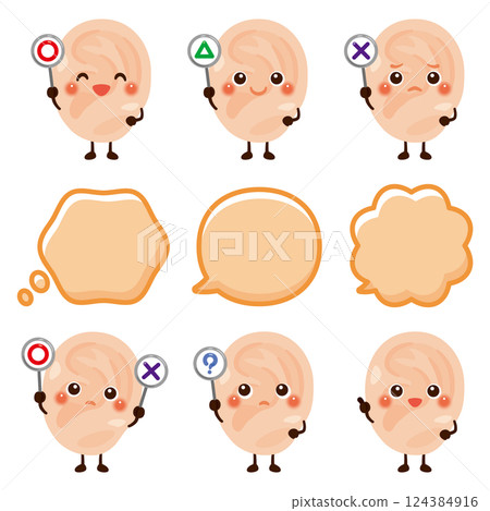 有耳朵的角色拿著圓形、方形或三角形的卡片 124384916