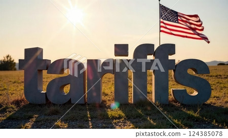White cement word Tariffs standing on the green grass with the American flag waving in the background. 124385078