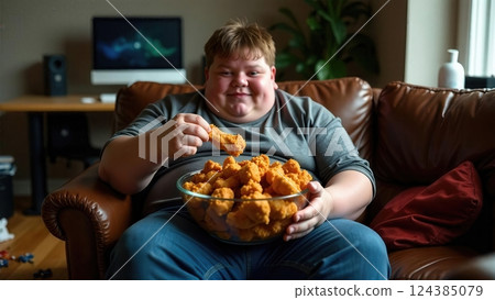 Smiling gamer teenager eating fried chicken from a bowl while sitting on a couch with gaming table setup behind. 124385079